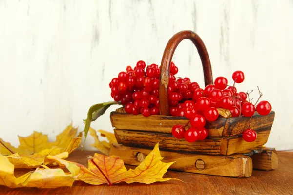 Bayas rojas de viburnum en cesta con hojas amarillas sobre mesa sobre fondo de madera — Foto de Stock