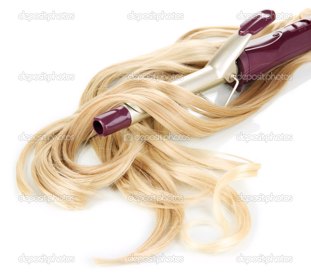 Curly blond hair with curling iron isolated on white