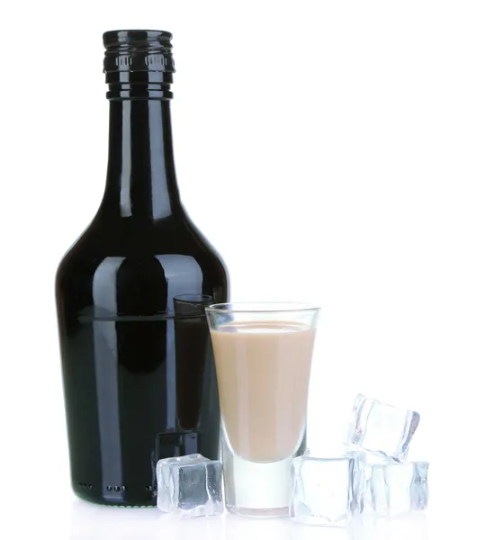 Baileys liqueur in bottle and glass isolated on white — Stock Photo, Image