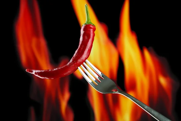 Red hot chili pepper on fork, on fire background — Stock Photo, Image