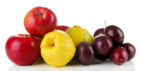 Quinces with apples and plums isolated on white — Stock Photo, Image