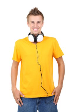 yakışıklı genç adam beyaz izole müzik dinlemek