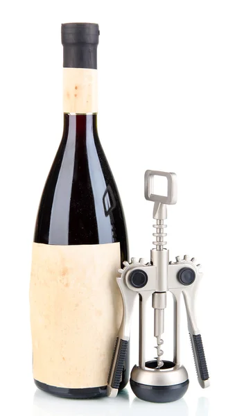 Sacacorchos y botella de vino aislados en blanco —  Fotos de Stock