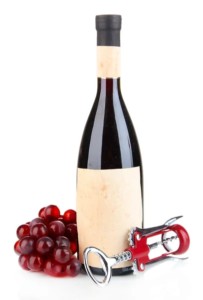开瓶器和瓶的葡萄酒，葡萄，孤立上白色的组成 — 图库照片
