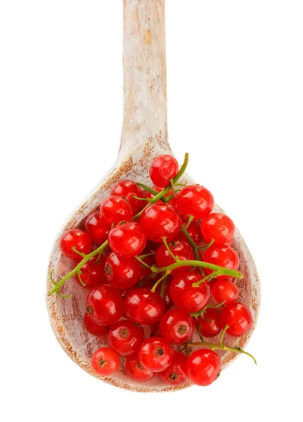 Red currant in wooden spoon isolated on white — Stock Photo, Image