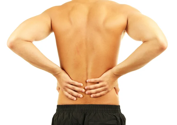 Young man with back pain, isolated on white — Stock Photo, Image