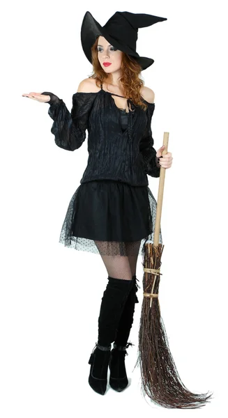 Halloween witch with broom isolated on white — Stock Photo, Image