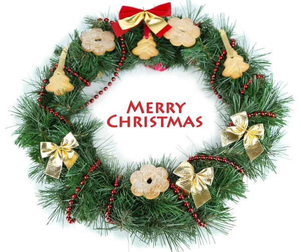 Christmas wreath decorated with cookies isolated on white — Stock Photo, Image