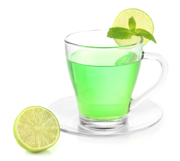 Taza transparente de té verde con menta y lima aisladas en blanco —  Fotos de Stock