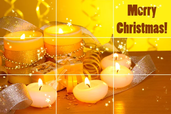 Beautiful candles, gifts and decor on wooden table on yellow background — Stock Photo, Image