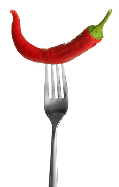 Red hot chili pepper on fork, isolated on white — Stock Photo, Image