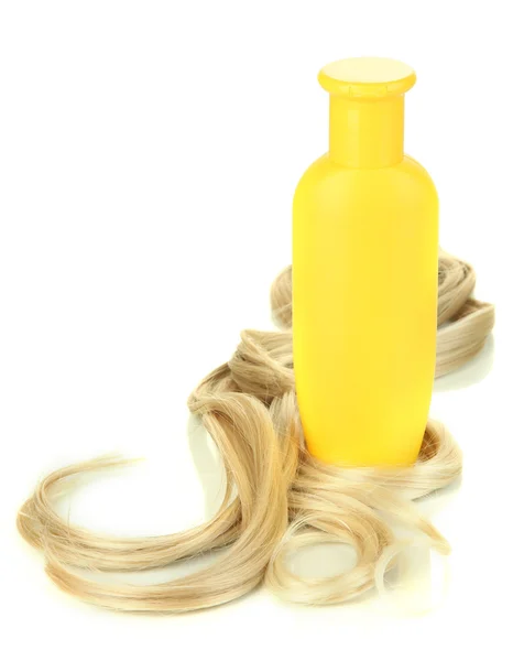 Lockigt blont hår med schampo närbild isolerad på vit — Stockfoto