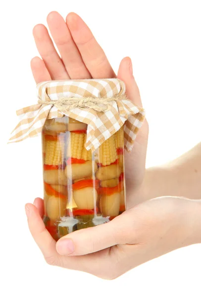 Manos con setas marinadas en frascos de vidrio —  Fotos de Stock