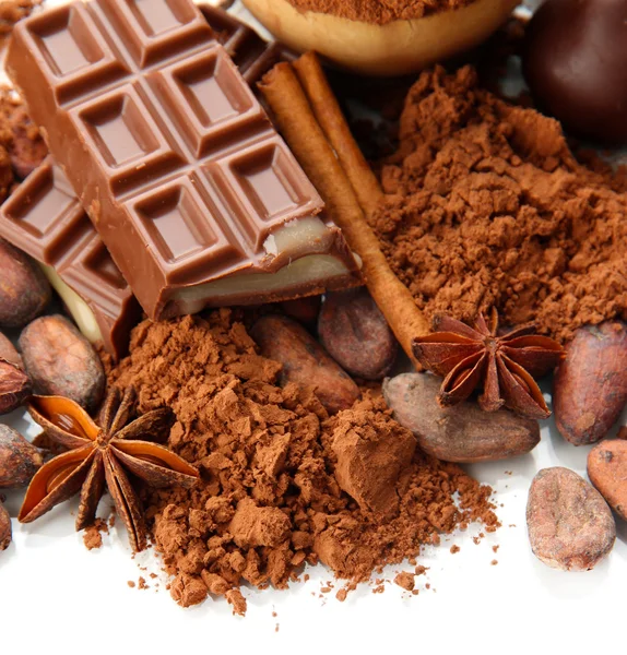 Compoziția dulciurilor de ciocolată, cacao și condimente, izolate pe alb — Fotografie, imagine de stoc