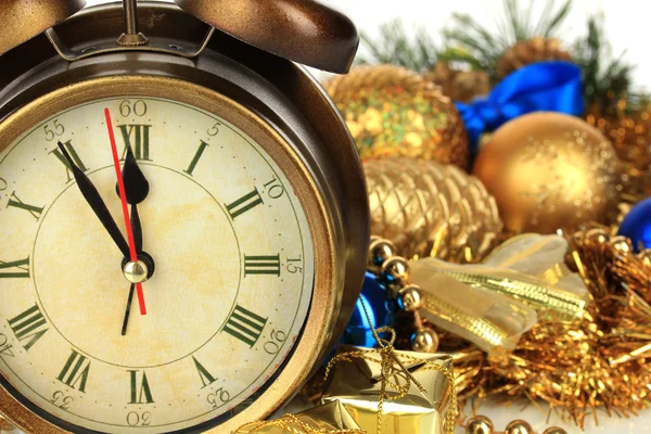 Composition of clock and christmas decorations close-up — Stock Photo, Image