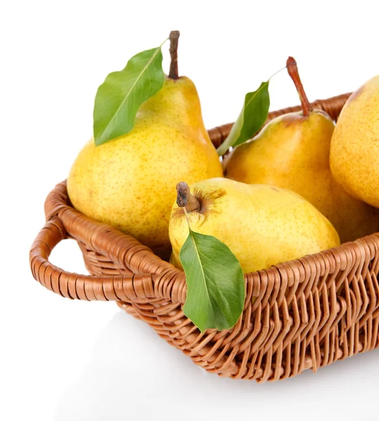 Juicy pears in wicker basket isolated on white — Stock Photo, Image