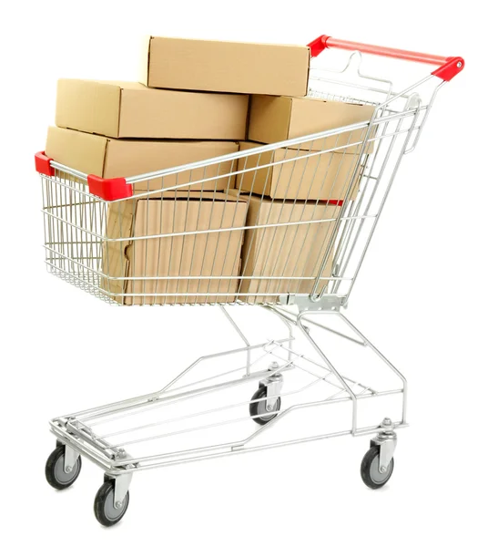Shopping cart with carton, isolated on white — Stock Photo, Image