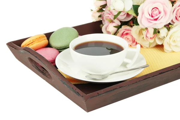 Coffee and macaroons on tray isolated on white — Stock Photo, Image