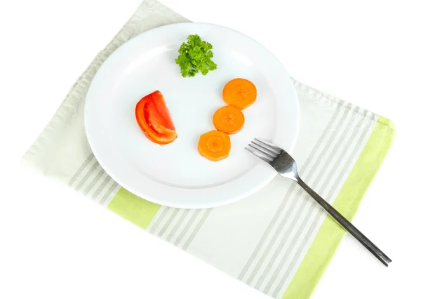 Pequena porção de comida em prato grande isolado em branco — Fotografia de Stock