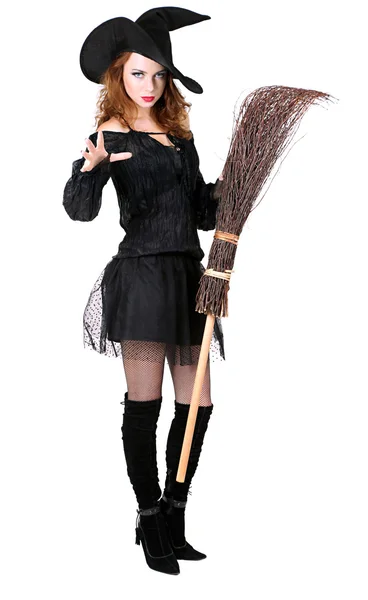 Halloween witch with broom isolated on white — Stock Photo, Image