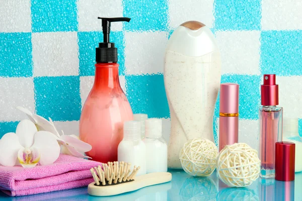 Bath accessories on shelf in bathroom — Stock Photo, Image