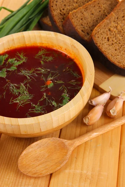 Delicious borsch on table close-up — Stock Photo, Image