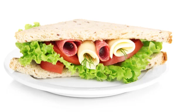 Tasty sandwich with salami sausage and vegetables on white plate, isolated on white — Stock Photo, Image