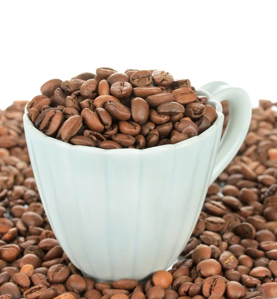 Feijões de café na xícara no fundo branco — Fotografia de Stock