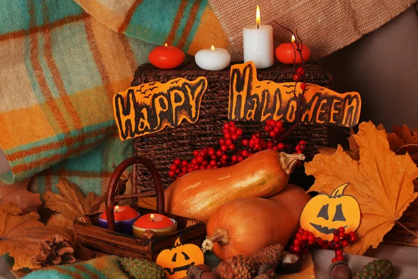 Composition for Halloween with pumpkins on fabric background — Stock Photo, Image