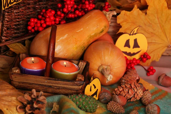 Composición para Halloween con calabazas sobre fondo de tela —  Fotos de Stock