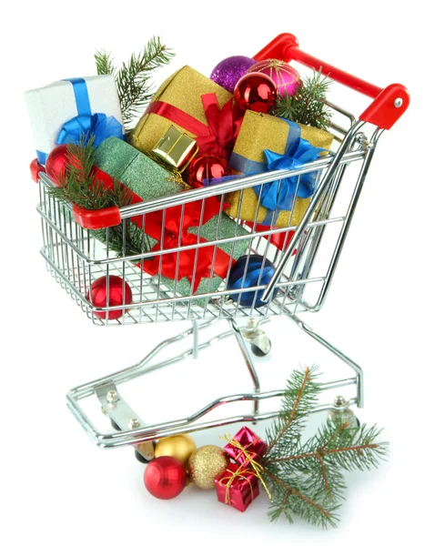 Christmas gifts in shopping trolley — Stock Photo, Image