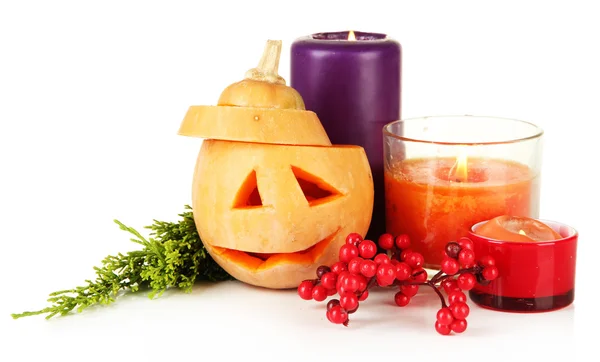 Composition for Halloween with pumpkin and candles isolated on white — Stock Photo, Image