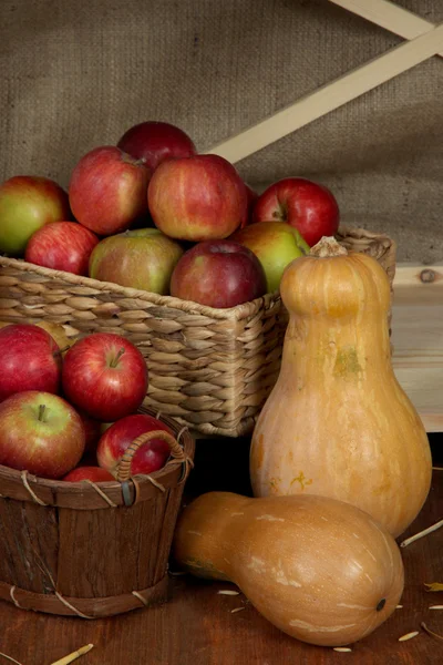 Apples in baskets and pumpkins on shelf close up — Stock Photo, Image