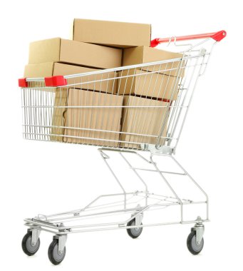 alışveriş sepeti ile üzerine beyaz izole karton