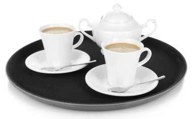 Kahve üzerine beyaz izole tepsi