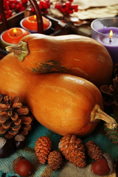 Samenstelling voor halloween met pumpkins op stof achtergrond — Stockfoto