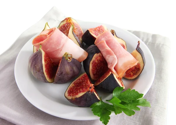 Figos saborosos com presunto, isolados em branco — Fotografia de Stock