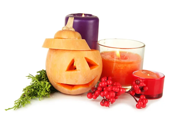 Composition for Halloween with pumpkin and candles isolated on white — Stock Photo, Image