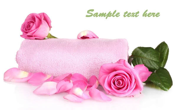 Pink towel with roses isolated on white — Stock Photo, Image