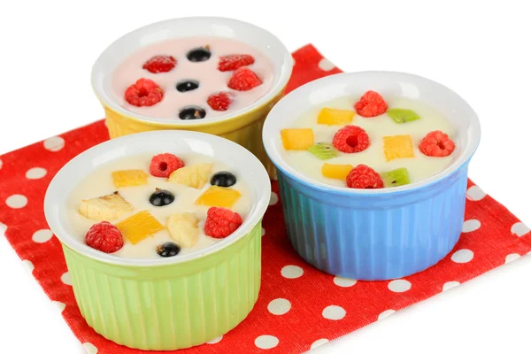 Finom joghurt gyümölccsel, elszigetelt fehér — Stock Fotó
