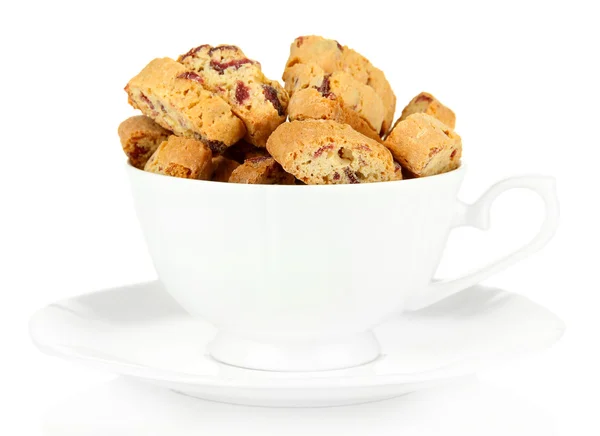 Galletas sabrosas en taza aislada en blanco — Foto de Stock