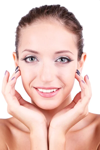 Hermosa chica con la piel brillante primer plano aislado en blanco — Foto de Stock