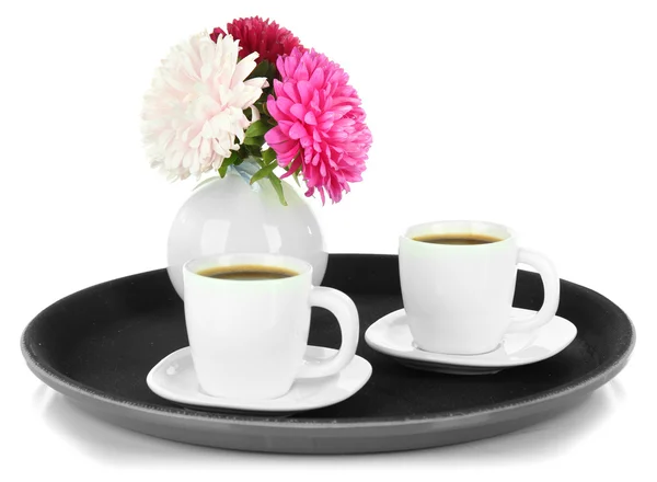 Cups of coffee on tray isolated on white — Stock Photo, Image