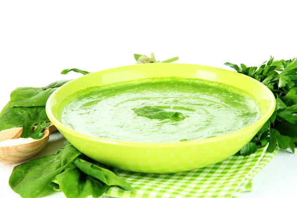 Tasty spinach soup, on white table — Stock Photo, Image