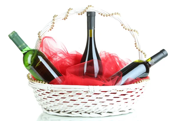 Gift basket with wine isolated on white — Stock Photo, Image