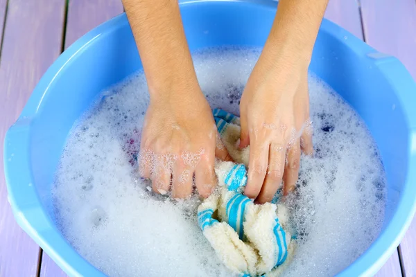 Hand wash on wooden background — Stock Photo, Image