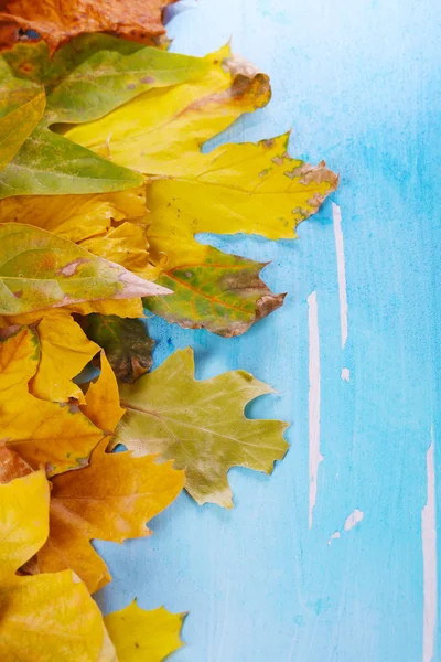 Рамка из осенних листьев на деревянном столе крупным планом — стоковое фото