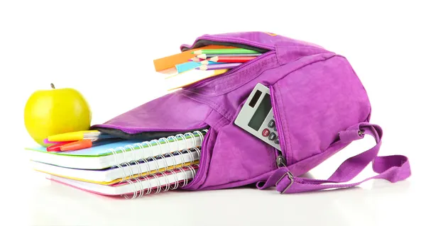 Purple backpack with school supplies isolated on white — Stock Photo, Image