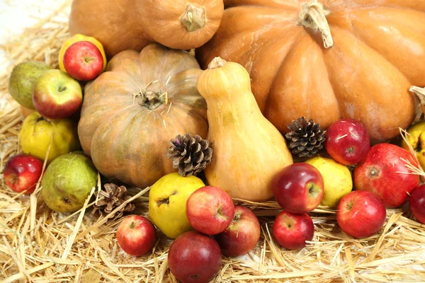 Meyve ve saman yakın çekim üzerinde pumpkins sonbahar kompozisyon — Stok fotoğraf