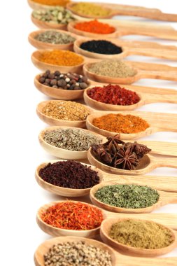 Tahta kaşıklardaki çeşitli baharatlar, beyaz kaşık üzerinde izole edilmiş.